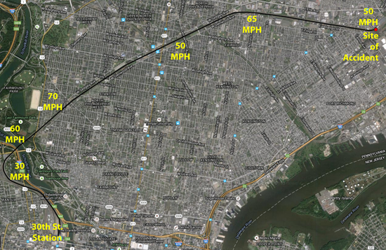 This map shows the route and speed limits Amtrak 188 moved through after leaving 30th Street Station, before it derailed at the "Shore Curve." 