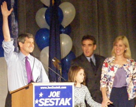 Rep. Joe Sestak celebrates his victory Tuesday night in the Democratic primary for U.S. Senate. Photo by Tom MacDonald/WHYY