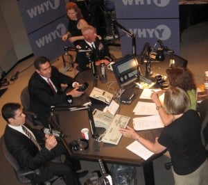 Seated at the table, from left, Safa Ismael, state Rep. Brian Lentz and host Marty Moss-Coane, plus, standing, producers Patty Leswing and Susan Greenbaum.