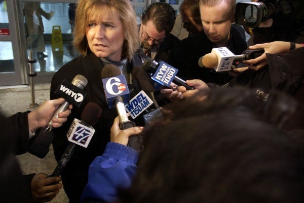 Kathleen Fahey, sister of murder victim Anne Marie Fahey, talks during a news conference after Thomas Capano was sentenced to life in prison Thursday, March 2. 2006, at the New Castle County Courthouse in Wilmington, Del. A Delaware Superior Court judge sentenced the once wealthy and well-connected attorney to life in prison without parole for the 1996 murder of Fahey, who was scheduling secretary to then-Gov. Thomas Carper. (AP Photo/Matthew S. Gunby)