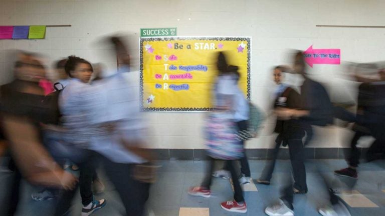 Students at the Young Women's Academy at Fentonville Arts and Sciences middle school change classes in Philadelphia. (Jessica Kourkounis for Keystone Crossroads)