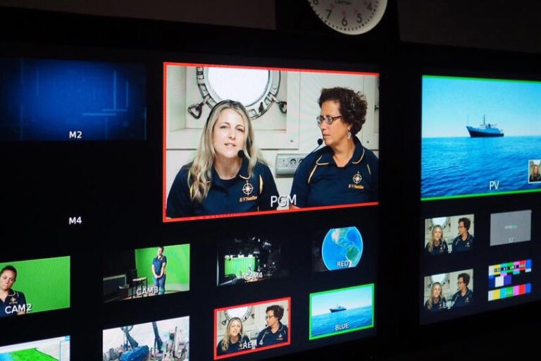 Rebecca Rutstein (center, left)and Karen Romano Young, artists at sea use a satelite video link to make presentations about ocean mapping to schools and museums. (Image courtesy of Rebecca Rutstein)