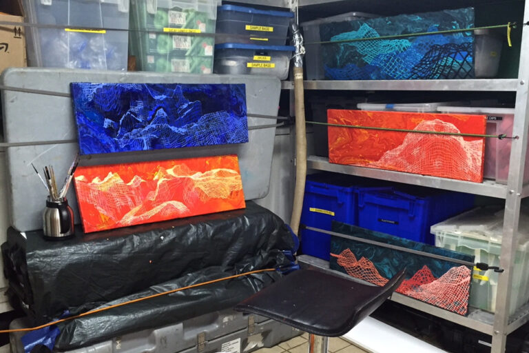 Rebecca Rutstein's small studio aboard the Nautilus doubles as a wet lab for collected specimens. (Image courtesy of Rebecca Rutstein)