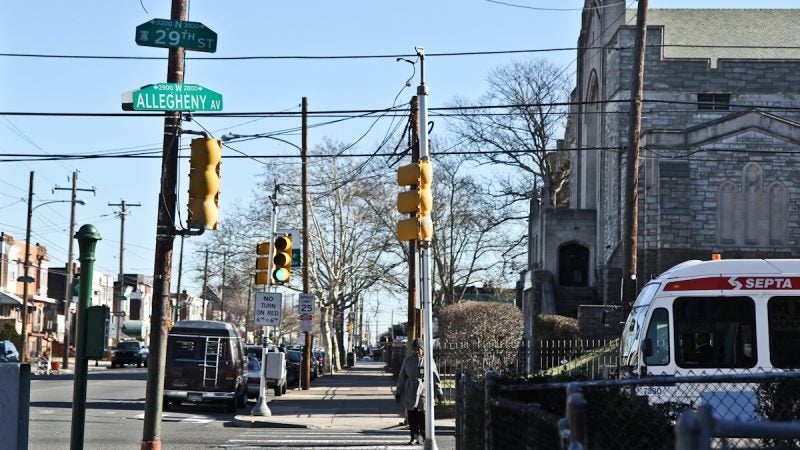 Community Action Group’s Swampoodle banners begin around 30th and Allegheny Avenue. (Kimberly Paynter/WHYY)