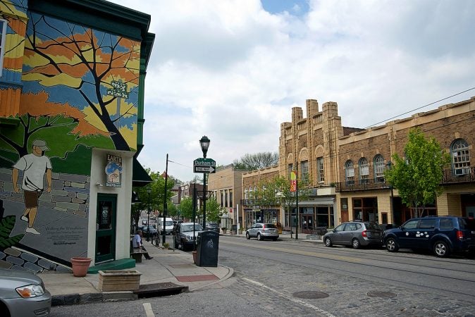 Earth Bread + Brewery and the Sedgwick theatre are seen in this view of the main commercial district of Mt Airy, situated at the 7100  block of Germantown Avenue, (Bastiaan Slabbers for WHYY)