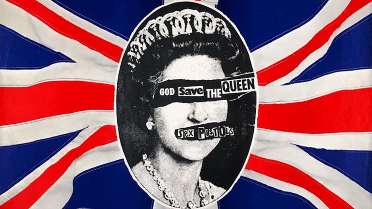  “Pretty Vacant: The Graphic Language of Punk,” on display at the Galleries at Moore College of Art and Design.  Pictured: Jamie Reid, Sex Pistols: God Save the Queen Poster, 1977, lithograph.  (Collection of Andrew Krivine) 