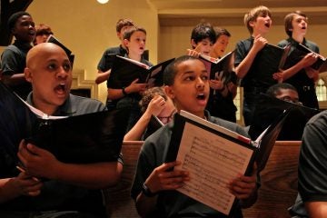 Members of the Keystone State Boychoir practice for a performance of Chants of the East, sung in Arabic. (Emma Lee/WHYY)