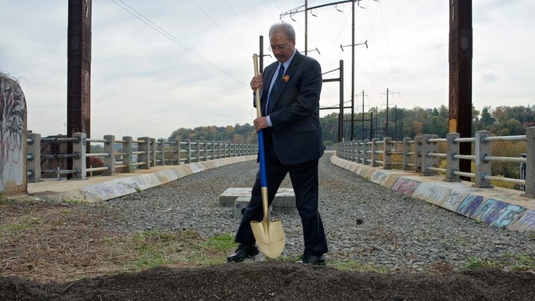  U.S. Rep. Chaka Fattah started his Tuesday schedule at a groundbreaking ceremony for the Manayunk Bridge Trail project that he helped facilitate. (Bas Slabbers/for NewsWorks) 