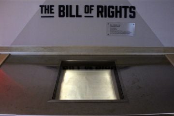 The display case housing the Bill of Rights is carefully climate controlled and secure. (Emma Lee/WHYY)