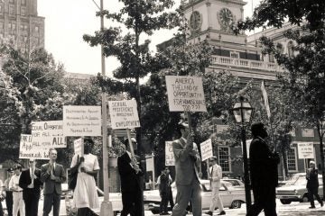 Annual Reminder picketers march outside Independence Hall on July 4, 1965. (Photo courtesy of Temple Urban Archives)