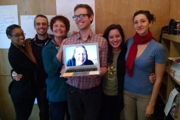  Dance/UP administrative staff gather at a team meeting. Pictured (from left) are Danielle Currica, Greg Holt, Lois Welk, Marcel Foster, (Computer- Kathryn TeBordo), Ann-Marie Gover, and Gabrielle Revlock. (Photo courtesy of Dance/UP) 