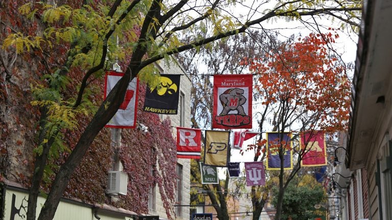  Where in Pennsylvania are these flags hung — bonus points if you can name the walkway.  (Lindsay Lazarski/WHYY) 