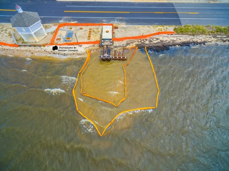  The 8th Avenue pump station and silt plume in Seaside Park last Saturday. (Photo courtesy of Gregory Coraggio/for Save Barnegat Bay) 