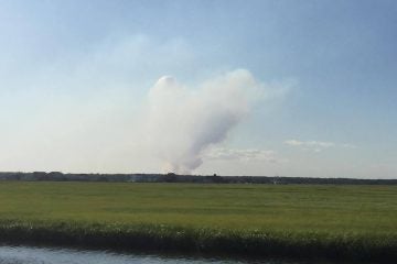 The smoke plume for the wildfire in Woodland as seen yesterday afternoon from West Creek. (Photo: JSHN contributor Stacy Lynne Herrick)