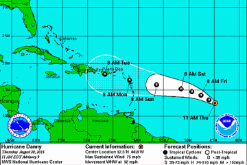  Danny's five-day forecast track. (Image: National Hurricane Center) 