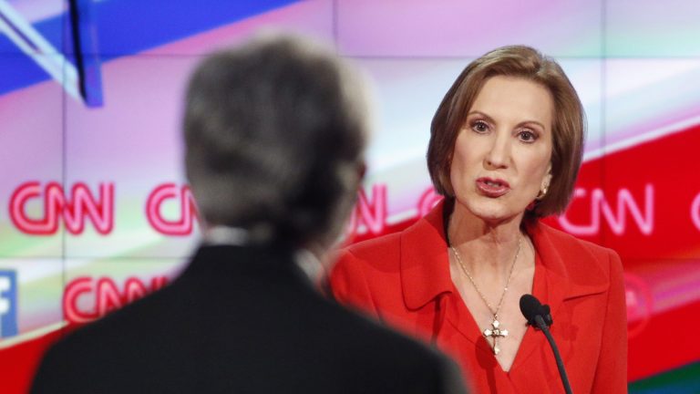  Carly Fiorina responds to debate moderator Wolf Blitzer during the CNN Republican presidential debate at the Venetian Hotel & Casino on Tuesday, Dec. 15, 2015, in Las Vegas. (AP Photo/John Locher) 