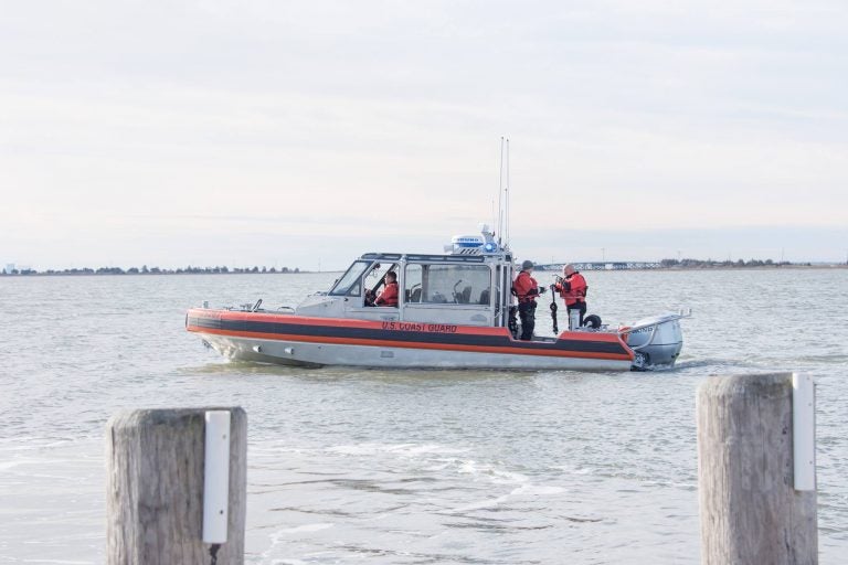 A U.S. Coast Guard boat searching for a missing fisherman in Tuckerton yesterday. (Image courtesy of Roman Isaryk)