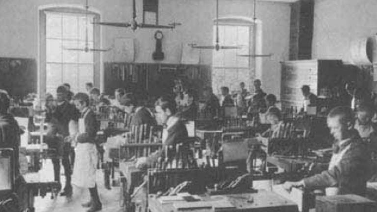 This was what shop classes looked like back in 1892 at the Dwight School in Boston. Teaching young people to use tools readied them for a modernizing economy. Today some school administrators are rethinking the shop class and opting to convert them into digital labs to train kids on the tools of the next economy. 
[Public domain]/Wikimedia Commons)