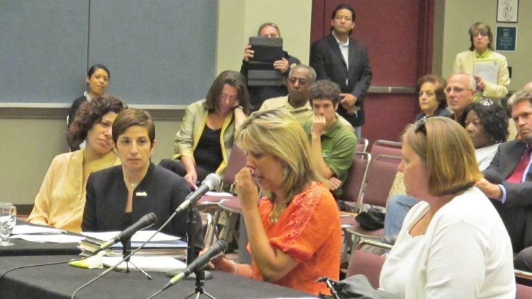  Simone Dannecker (center) and Lee Ann Newland (right) voice concerns about the grant application process at legislative hearing in Atlantic City.(Phil Gregory/for NewsWorks) 