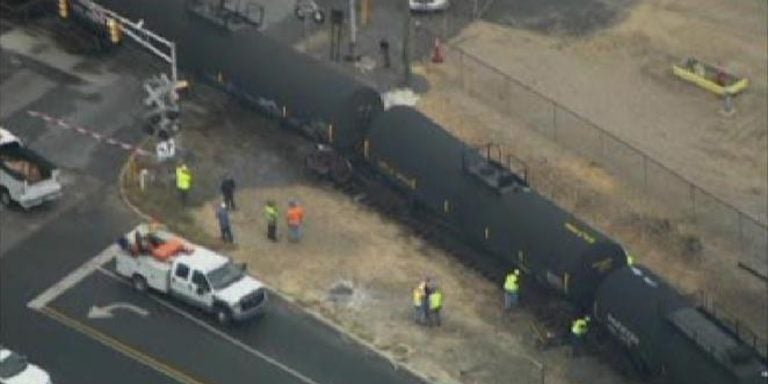  September 16, 2013: A train car goes off the tracks in Paulsboro at the entry to the Valero refinery in Gloucester County, New Jersey. (Photo by NBC10) 