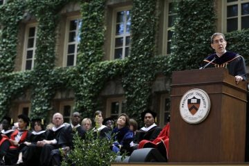  Christopher L. Eisgruber addresses a gathering at Princeton University, in Princeton, N.J., Sunday, Sept. 22, 2013 as he is installed as the Ivy League school's 20th president. (AP Photo/Mel Evans) 