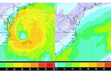  The latest ECMWF model run (left) shows the storm off North Carolina's Outer Banks at 6:00 p.m. Sunday. The strongest winds around 35-40 mph. But there's no storm in the latest GFS model run (right).  