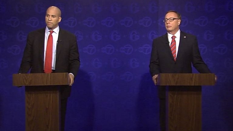  Cory Booker (left) and Steve Lonegan debated Friday in Trenton. (Screen capture from 6abc stream) 