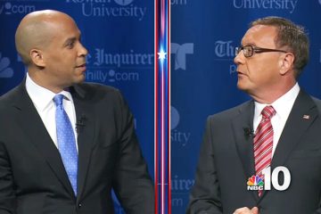 20131014-sen-debate-200pm-1200 (Cory Booker (left) and Steve Lonegan met in two debates. This image is from Oct 9 at Rowan University. (Image via NBC10.com)