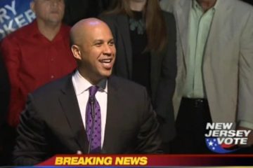  Cory Booker giving his victory speech Wednesday night in Newark. (Image via News12 New Jersey live stream) 