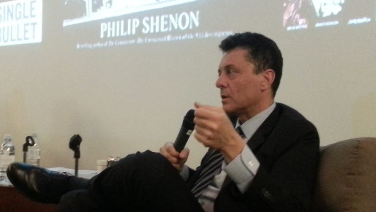  Philip Shenon speaking at Philadelphia University in East Falls on Monday night. (Aaron Moselle/WHYY) 