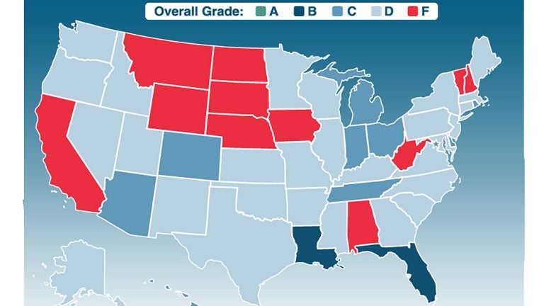 States colored in light blue received a D in the latest Studentsfirst report card. 