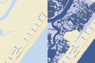  These images show how a 1-foot rise in the sea level in Ocean City will impact the area at high tide. (Source: Rutgers Flood Mapper) 