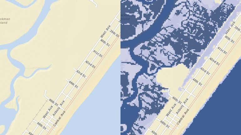  These images show how a 1-foot rise in the sea level in Ocean City will impact the area at high tide. (Source: Rutgers Flood Mapper) 