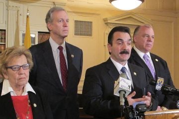  Democratic leaders in N.J. Assembly and Senate leaders announcing the merging of committees (Phil Gregory/for NewsWorks) 