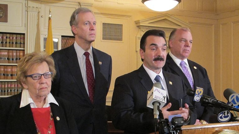  Democratic leaders in N.J. Assembly and Senate leaders announcing the merging of committees (Phil Gregory/for NewsWorks) 