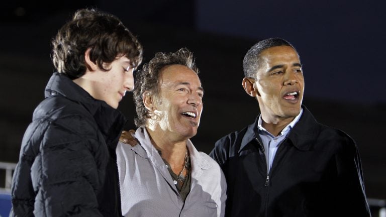 Bruce Springsteen, center, stands with then presidential candidate Barack Obama and his son Sam Springsteen at a rally in Cleveland  Nov. 2, 2008. (AP Photo/Alex Brandon) 