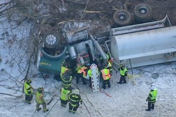  Overturned tractor-trailer off the NJ Turnpike. (Image via NBC10) 