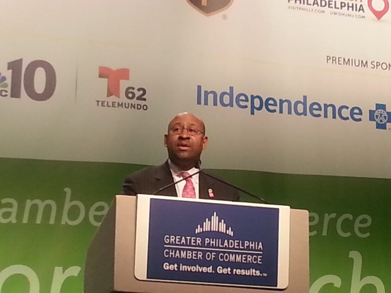  Philadelphia Mayor Michael Nutter addresses the Greater Philadelphia Chamber of Commerce Tuesday, Feb. 18, 2014 (Tom MacDonald/WHYY) 