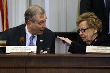  New Jersey state Sen. Loretta Weinberg, right, and Assemblyman John S. Wisniewski, left, co-chair a legislative committee looking into Bridgegate. (AP Photo/Mel Evans) 