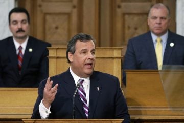  Gov. Chris Christie emphasizes a point as he delivers his budget address at the Statehouse Tuesday, Feb. 25, 2014, in Trenton, N.J. (AP Photo/Mel Evans) 