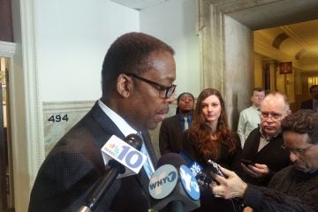  Council President Darrell Clarke talks to reporters (Tom MacDonald/WHYY) 