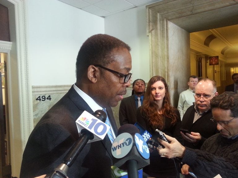  Council President Darrell Clarke talks to reporters (Tom MacDonald/WHYY) 