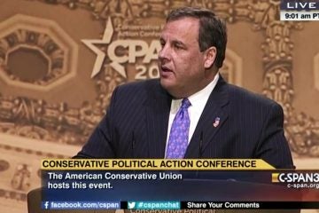  New Jersey Gov. Chris Christie speaking this morning at the Conservative Political Action Conference. (Image from C-SPAN) 