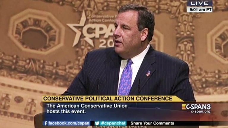  New Jersey Gov. Chris Christie speaking this morning at the Conservative Political Action Conference. (Image from C-SPAN) 