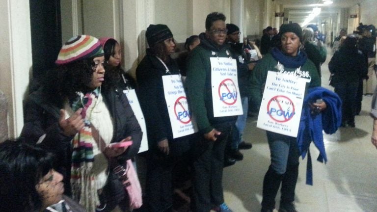  Protestors at Philadelphia City Hall during the Mayor's budget address on March 6, 2014 (Holly Otterbein/WHYY) 