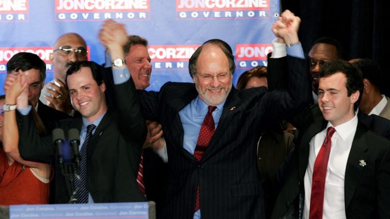  Gubernatorial candidate, Sen. Jon S. Corzine, D-N.J., celebrates with sons Joshua, left, and Jeffrey, right, in East Brunswick, N.J., Tuesday, Nov. 8, 2005. (AP Photo/Mel Evans) 
