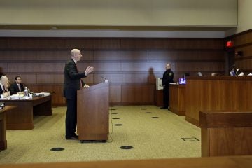  Reid Schar, special counsel to a legislative committee investigating the traffic jams, is shown on March 11, 2014 asking the court to enforce two subpoenas. (AP Photo/Mel Evans, Pool) 