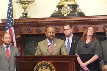  Mayor Nutter addresses the media on elevator issues at the One Parkway building in Philadelphia (Tom MacDOnald/WHYY) 