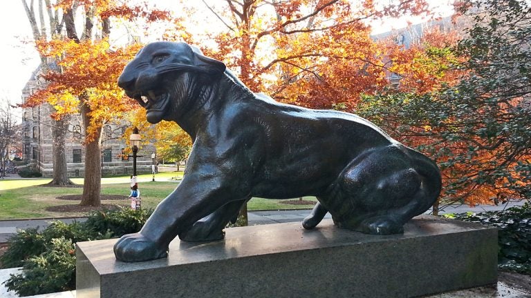  One of two matching tiger statues behind Nassau Hall. (Alan Tu/WHYY) 