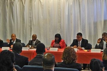  Citizens Campaign moderator (left) Heather Taylor with five of the six Trenton mayoral candidates. (Courtesy of the Citizens Campaign) 